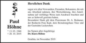Traueranzeige von Paul Höhne  von Magdeburger Volksstimme