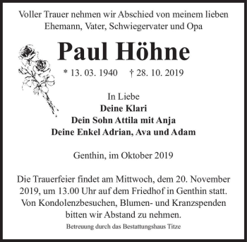 Traueranzeige von Paul Höhne  von Magdeburger Volksstimme