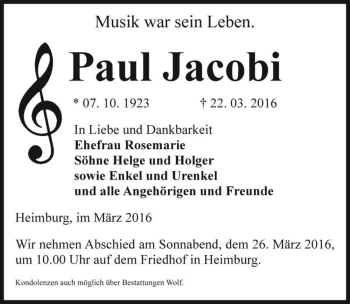 Traueranzeige von Paul Jacobi  von Magdeburger Volksstimme