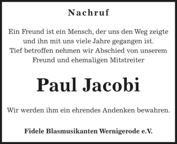 Traueranzeige von Paul Jacobi  von Magdeburger Volksstimme