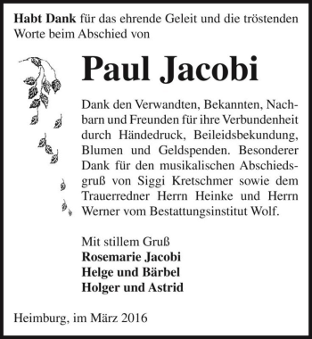 Traueranzeige von Paul Jacobi  von Magdeburger Volksstimme