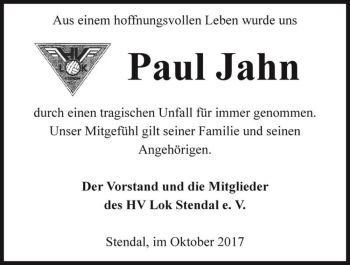 Traueranzeige von Paul Jahn  von Magdeburger Volksstimme