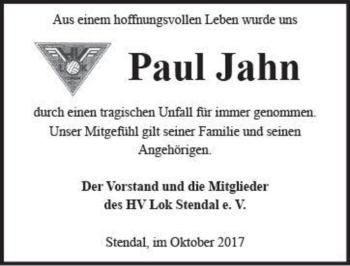 Traueranzeige von Paul Jahn  von Magdeburger Volksstimme