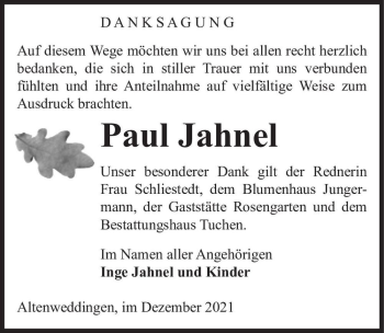 Traueranzeige von Paul Jahnel  von Magdeburger Volksstimme