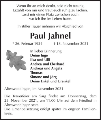 Traueranzeige von Paul Jahnel  von Magdeburger Volksstimme