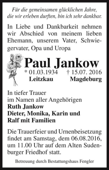 Traueranzeige von Paul Jankow  von Magdeburger Volksstimme
