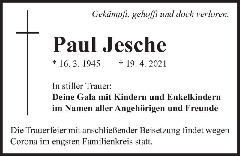  Traueranzeige für Paul Jesche  vom 24.04.2021 aus Magdeburger Volksstimme