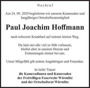 Traueranzeige von Paul Joachim Hoffmann  von Magdeburger Volksstimme