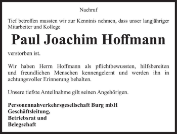 Traueranzeige von Paul Joachim Hoffmann  von Magdeburger Volksstimme