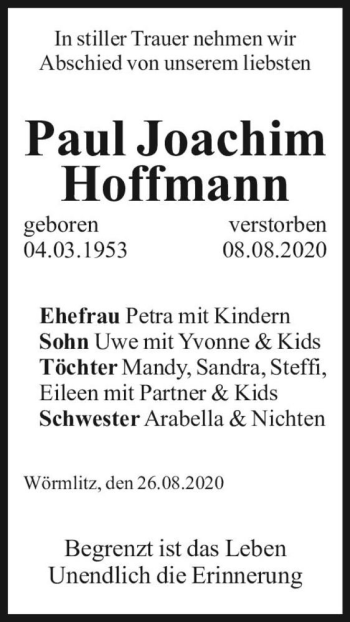 Traueranzeige von Paul Joachim Hoffmann  von Magdeburger Volksstimme