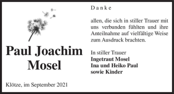 Traueranzeige von Paul Joachim Mosel  von Magdeburger Volksstimme