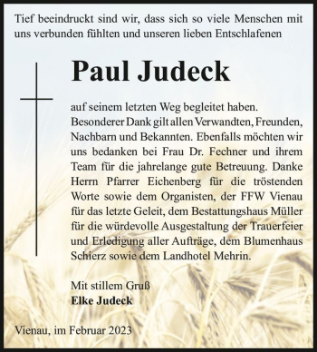 Traueranzeige von Paul Judeck  von Magdeburger Volksstimme