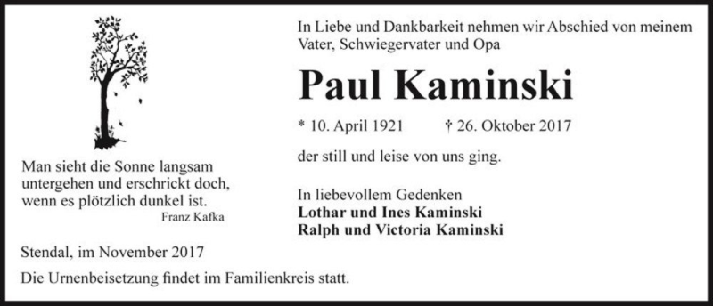  Traueranzeige für Paul Kaminski  vom 04.11.2017 aus Magdeburger Volksstimme
