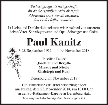 Traueranzeige von Paul Kanitz  von Magdeburger Volksstimme