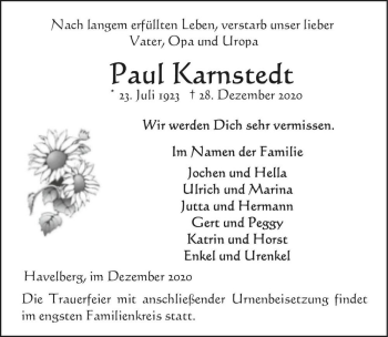 Traueranzeige von Paul Karnstedt  von Magdeburger Volksstimme