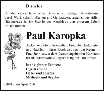Traueranzeige von Paul Karopka  von Magdeburger Volksstimme