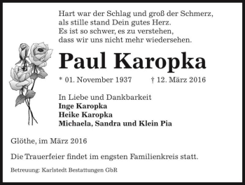 Traueranzeige von Paul Karopka  von Magdeburger Volksstimme