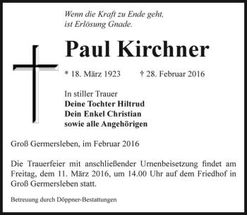 Traueranzeige von Paul Kirchner  von Magdeburger Volksstimme