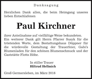 Traueranzeige von Paul Kirchner  von Magdeburger Volksstimme