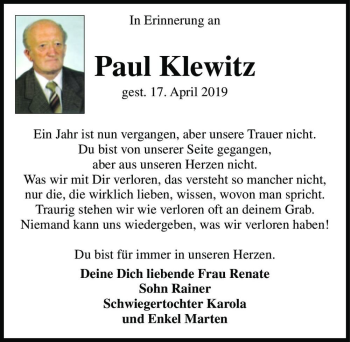 Traueranzeige von Paul Klewitz  von Magdeburger Volksstimme