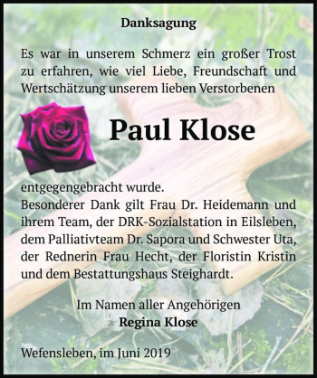 Traueranzeige von Paul Klose  von Magdeburger Volksstimme