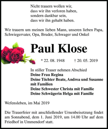 Traueranzeige von Paul Klose  von Magdeburger Volksstimme