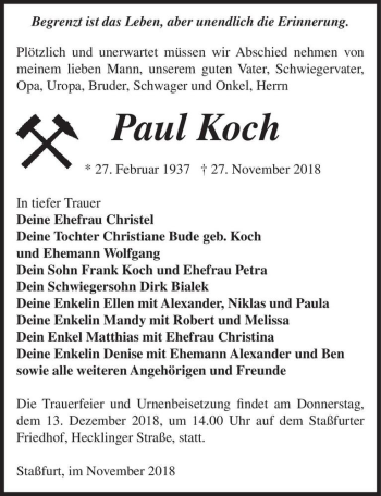 Traueranzeige von Paul Koch  von Magdeburger Volksstimme