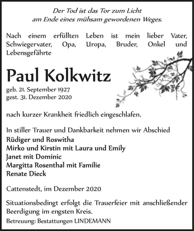  Traueranzeige für Paul Kolkwitz  vom 09.01.2021 aus Magdeburger Volksstimme