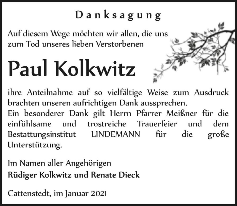  Traueranzeige für Paul Kolwitz  vom 16.01.2021 aus Magdeburger Volksstimme