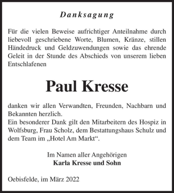 Traueranzeige von Paul Kresse  von Magdeburger Volksstimme
