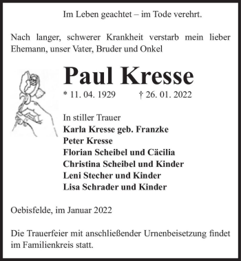 Traueranzeige von Paul Kresse  von Magdeburger Volksstimme