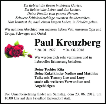 Traueranzeige von Paul Kreuzberg  von Magdeburger Volksstimme