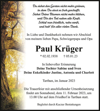 Traueranzeige von Paul Krüger  von Magdeburger Volksstimme