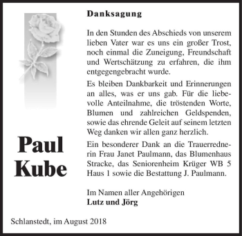 Traueranzeige von Paul Kube  von Magdeburger Volksstimme