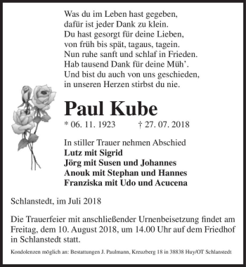 Traueranzeige von Paul Kube  von Magdeburger Volksstimme