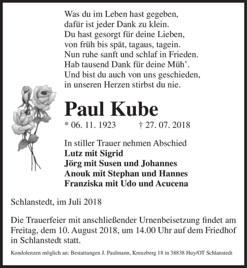  Traueranzeige für Paul Kube  vom 04.08.2018 aus Magdeburger Volksstimme