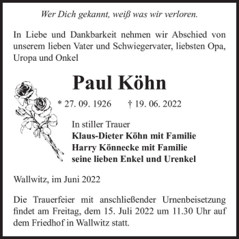 Traueranzeige von Paul Köhn  von Magdeburger Volksstimme