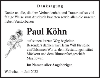 Traueranzeige von Paul Köhn  von Magdeburger Volksstimme