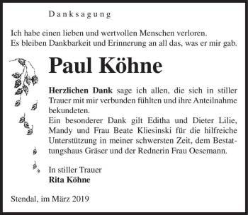 Traueranzeige von Paul Köhne  von Magdeburger Volksstimme