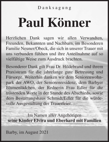 Traueranzeige von Paul Könner  von Magdeburger Volksstimme