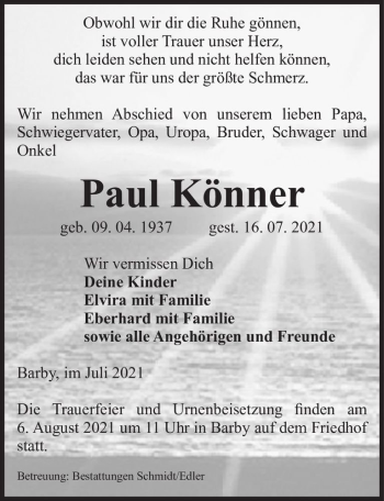 Traueranzeige von Paul Könner  von Magdeburger Volksstimme