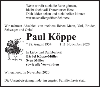 Traueranzeige von Paul Köppe  von Magdeburger Volksstimme