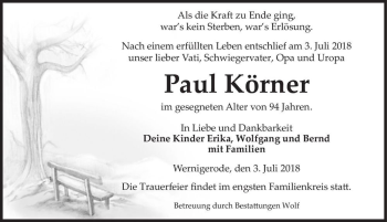 Traueranzeige von Paul Körner  von Magdeburger Volksstimme