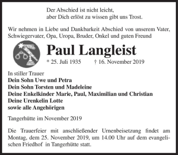 Traueranzeige von Paul Langleist  von Magdeburger Volksstimme