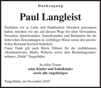 Traueranzeige von Paul Langleist  von Magdeburger Volksstimme