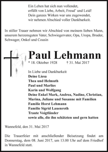 Traueranzeige von Paul Lehmann  von Magdeburger Volksstimme