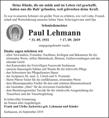 Traueranzeige von Paul Lehmann  von Magdeburger Volksstimme