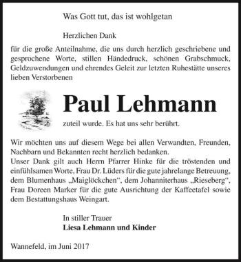 Traueranzeige von Paul Lehmann  von Magdeburger Volksstimme
