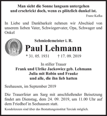 Traueranzeige von Paul Lehmann  von Magdeburger Volksstimme