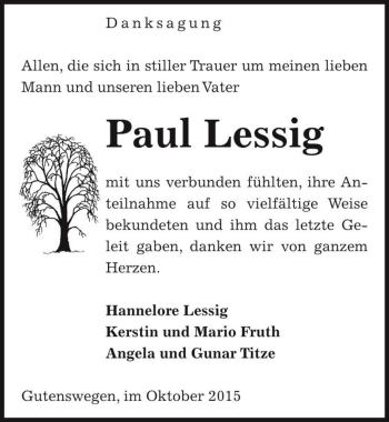 Traueranzeige von Paul Lessig  von Magdeburger Volksstimme